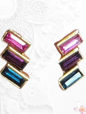 Roman Multicolor Baguette Stud Earrings - Pink, Purple & Blue Gold Tone